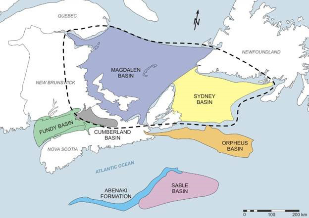 The Paleozoic and Mesozoic basins including the Maritimes Basin (dashed line) (from Pothier Wach and Zentilli, 2010)